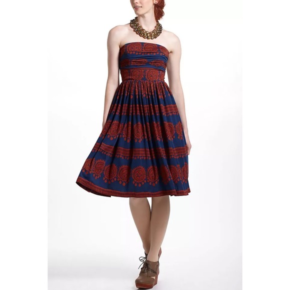 Girls From Savoy Navy Blue Orange Strapless Dress Womens Small Anthropologie - Picture 1 of 13